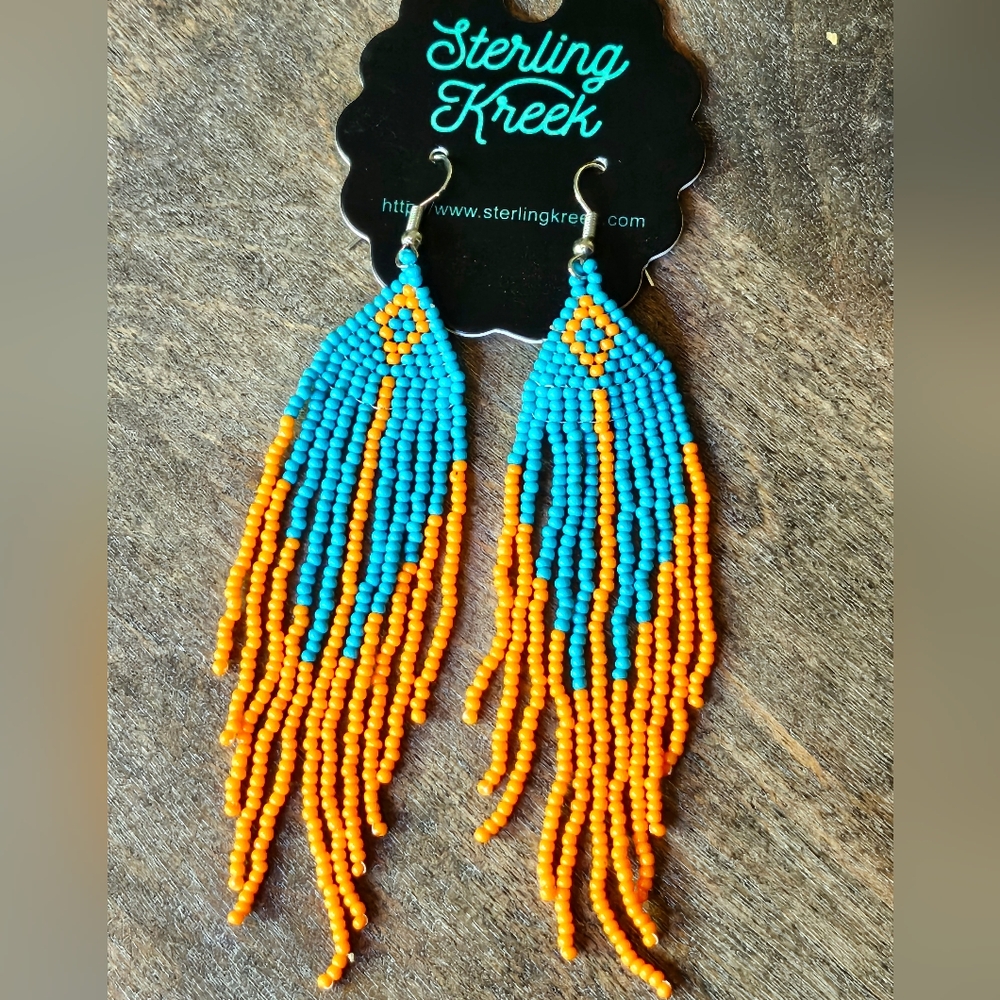 NWT Blue and Orange Boho Beaded Tassel Earrings